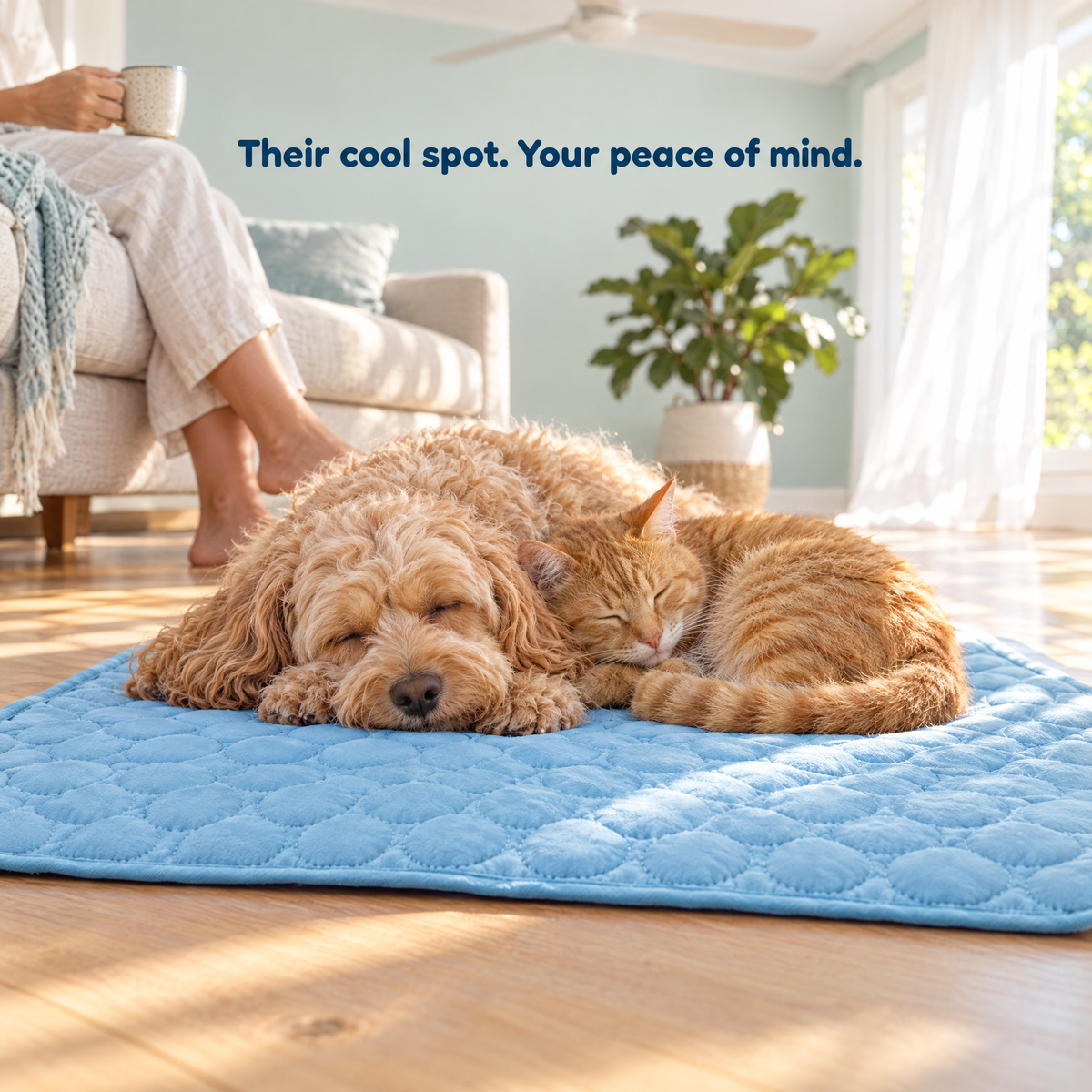Pet resting on the cooling mat at home